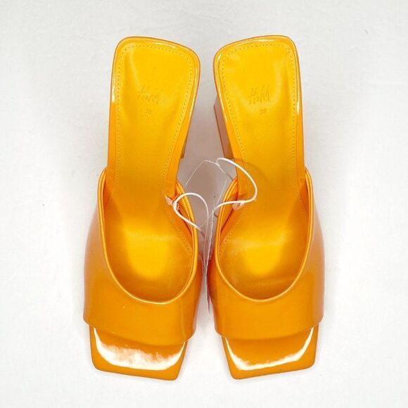 H&M Square Toe Chunky Heel Patent Mules Sandals in Yellow Orange Size 7 NEW - Picture 3 of 11